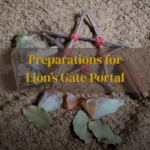 Ritual remedies on soft, plushy, amber coloured fabric. Remedies are an oracle spell jar, a wooden homemade pentacle and two pieces of cinnamon bark on top. Underneath lies citrine and carnelian crystal and underneath these lies some bay leaves.